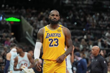 San Antonio, Texas, USA; Los Angeles Lakers forward LeBron James (23) looks over in the second half against the San Antonio Spurs at Frost Bank Center. Mandatory Credit: Daniel Dunn-Imagn Images
