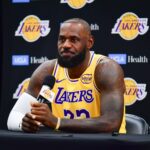 Los Angeles, CA, USA; Los Angeles Lakers forward LeBron James (23) during media day at UCLA Health Training Center. Mandatory Credit: Gary A. Vasquez-Imagn Images