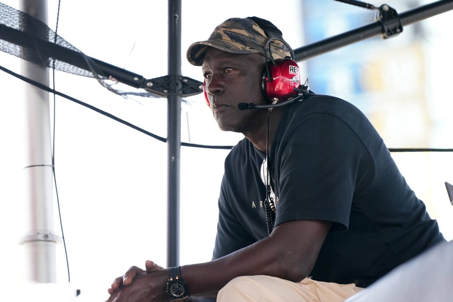Homestead, Florida, USA; 23XI Team co-owner Michael Jordan sits atop of the pitbox during the 4EVER 400 presented by Mobil 1 at Homestead-Miami Speedway. Mandatory Credit: Jasen Vinlove-Imagn Images