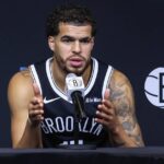 Brooklyn, NY, USA; Brooklyn Nets forward Michael Porter Jr. (17) speaks at Media Day. Mandatory Credit: Wendell Cruz-Imagn Images