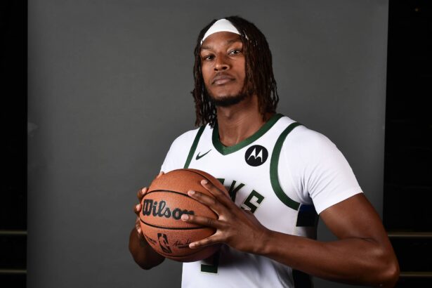 Milwaukee, WI, USA; Milwaukee Bucks center Myles Turner (3) poses for a picture during Milwaukee Bucks Media Day at the Fiserv Forum. Mandatory Credit: Benny Sieu-Imagn Images