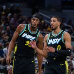 Indianapolis, Indiana, USA; Indiana Pacers center Myles Turner (33) and guard Tyrese Haliburton (0) in the first half against the Milwaukee Bucks at Gainbridge Fieldhouse. Mandatory Credit: Trevor Ruszkowski-Imagn Images