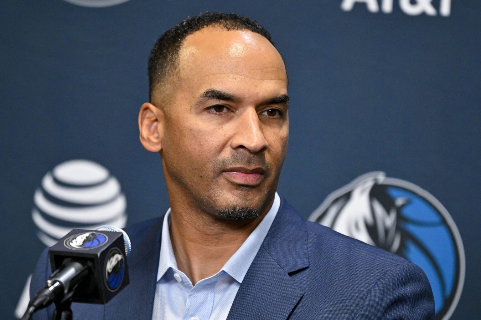 Dallas, TX, USA; Dallas Mavericks general manager Nico Harrison speaks to the media at the Dallas Mavericks Practice Facility. Mandatory Credit: Jerome Miron-Imagn Images