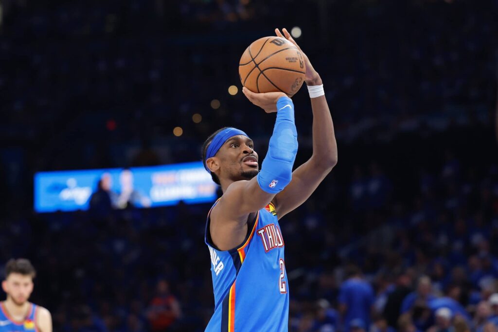 Oklahoma City, Oklahoma, USA; Oklahoma City Thunder guard Shai Gilgeous-Alexander (2) shoots free throws against the Denver Nuggets in the second half during Game 7 of the second round of the 2025 NBA Playoffs at Paycom Center. Mandatory Credit: Alonzo Adams-Imagn Images