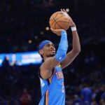 Oklahoma City, Oklahoma, USA; Oklahoma City Thunder guard Shai Gilgeous-Alexander (2) shoots free throws against the Denver Nuggets in the second half during Game 7 of the second round of the 2025 NBA Playoffs at Paycom Center. Mandatory Credit: Alonzo Adams-Imagn Images