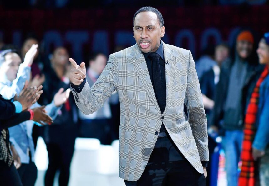 Chicago, Illinois, USA; Team Stephen A. coach Stephen A. Smith gestures during lineup introductions before the NBA All Star-Celebrity Game at Wintrust Arena. Mandatory Credit: Quinn Harris-Imagn Images