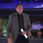Indianapolis, IN, USA; Team Stephen A coach Stephen A. Smith looks on against Team Shannon during the All Star Celebrity Game at Lucas Oil Stadium. Mandatory Credit: Trevor Ruszkowski-Imagn Images