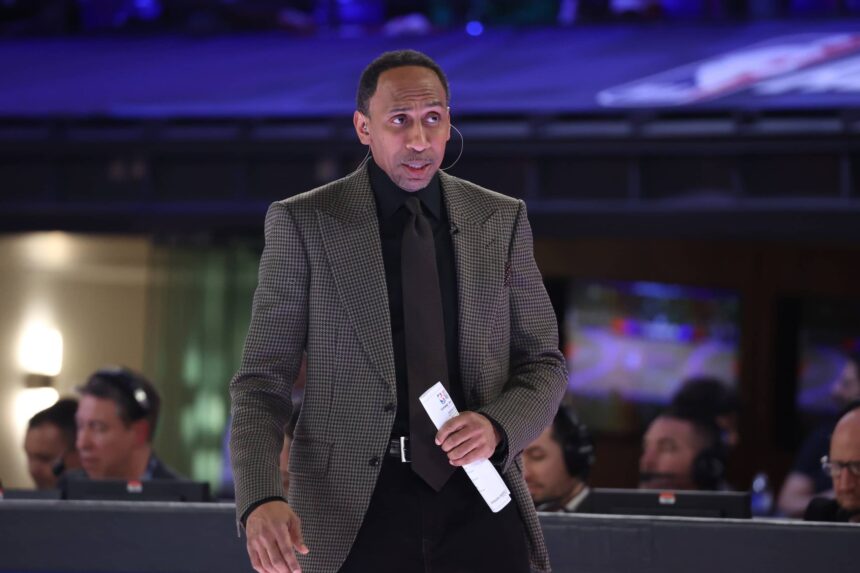 Indianapolis, IN, USA; Team Stephen A coach Stephen A. Smith looks on against Team Shannon during the All Star Celebrity Game at Lucas Oil Stadium. Mandatory Credit: Trevor Ruszkowski-Imagn Images