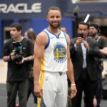 San Francisco, CA, USA; Golden State Warriors guard Stephen Curry (30) smiles during Media Day at the Chase Center. Mandatory Credit: Cary Edmondson-Imagn Images