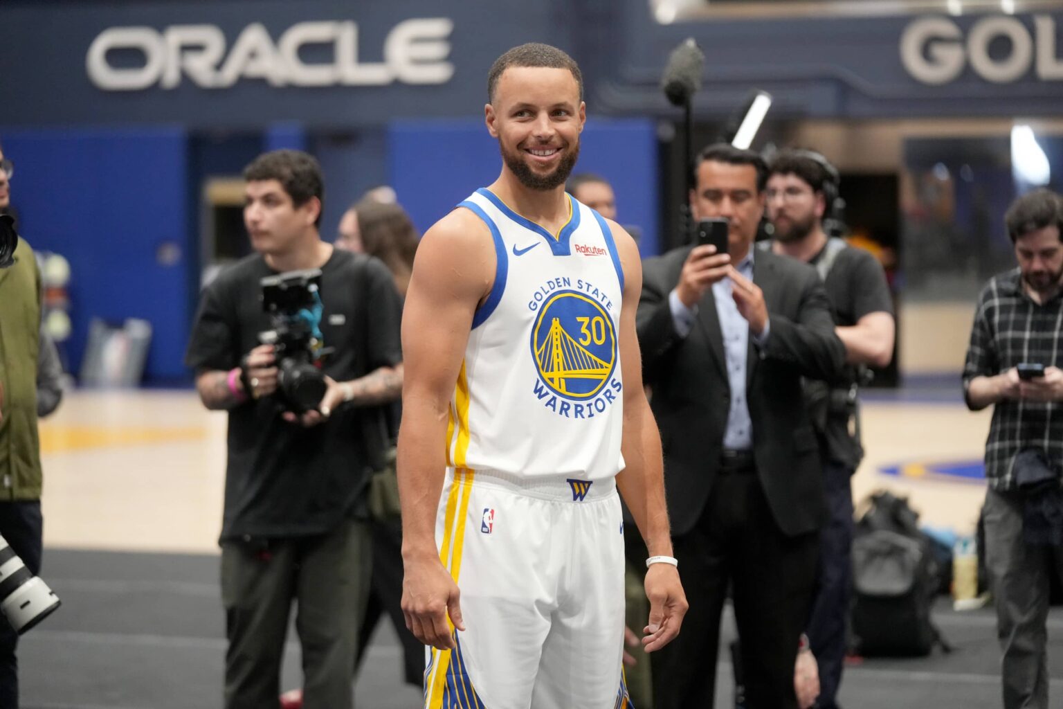 San Francisco, CA, USA; Golden State Warriors guard Stephen Curry (30) smiles during Media Day at the Chase Center. Mandatory Credit: Cary Edmondson-Imagn Images