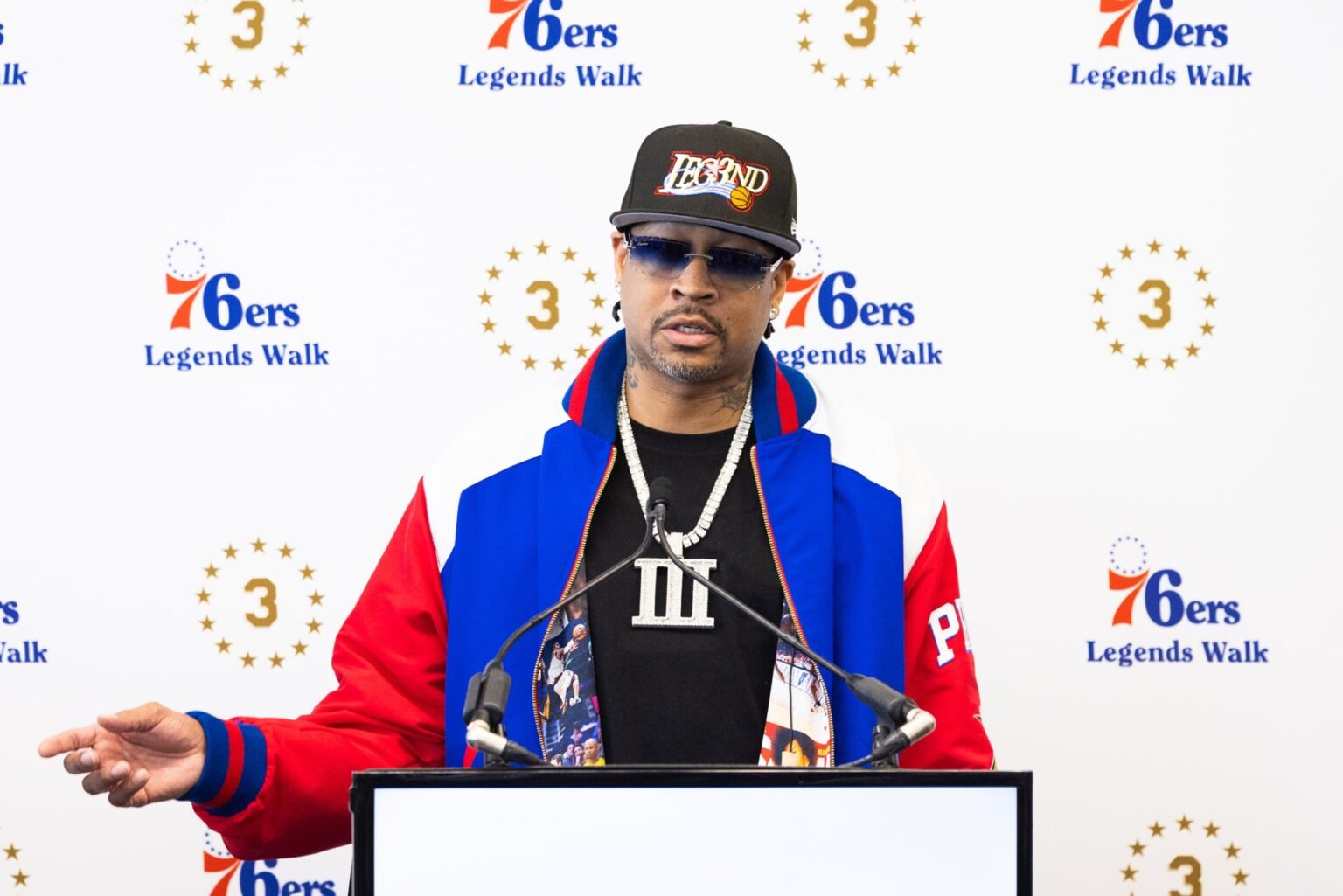 Apr 12, 2024; Camden, NJ, USA; Philadelphia 76ers great Allen Iverson speaks at the podium during the unveiling of a statue honoring him in a ceremony at Penn Medicine Philadelphia 76ers Training Complex. Mandatory Credit: Bill Streicher-Imagn Images
