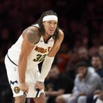 Denver Nuggets forward Aaron Gordon (32) looks on against the Minnesota Timberwolves in the second half at Target Center.
