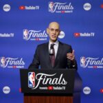 Jun 5, 2025; Oklahoma City, Oklahoma, USA; NBA commissioner Adam Silver speaks to the media before game one between the Oklahoma City Thunder and the Indiana Pacers in the 2025 NBA Finals at Paycom Center. Mandatory Credit: Alonzo Adams-Imagn Images