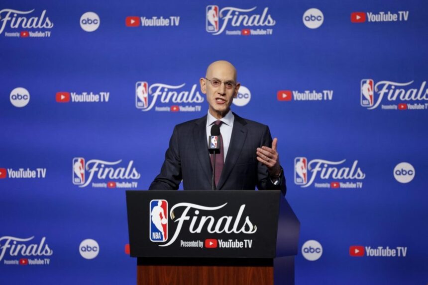 Jun 5, 2025; Oklahoma City, Oklahoma, USA; NBA commissioner Adam Silver speaks to the media before game one between the Oklahoma City Thunder and the Indiana Pacers in the 2025 NBA Finals at Paycom Center. Mandatory Credit: Alonzo Adams-Imagn Images