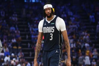 Apr 18, 2025; Memphis, Tennessee, USA; Dallas Mavericks forward Anthony Davis (3) reacts during the second quarter against the Memphis Grizzlies at FedExForum. Mandatory Credit: Petre Thomas-Imagn Images