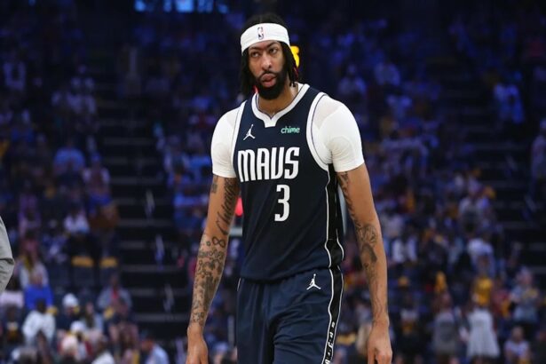 Apr 18, 2025; Memphis, Tennessee, USA; Dallas Mavericks forward Anthony Davis (3) reacts during the second quarter against the Memphis Grizzlies at FedExForum. Mandatory Credit: Petre Thomas-Imagn Images