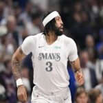 Apr 11, 2025; Dallas, Texas, USA; Dallas Mavericks forward Anthony Davis (3) runs back up the court during the first quarter against the Toronto Raptors at the American Airlines Center. Mandatory Credit: Jerome Miron-Imagn Images