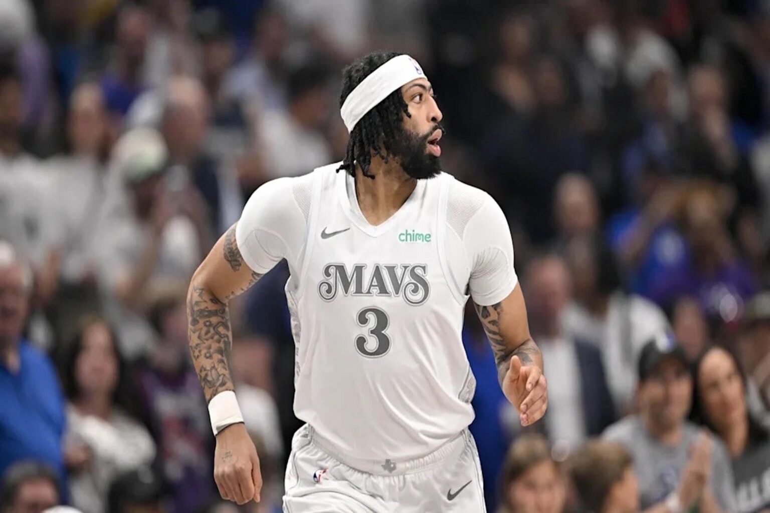 Apr 11, 2025; Dallas, Texas, USA; Dallas Mavericks forward Anthony Davis (3) runs back up the court during the first quarter against the Toronto Raptors at the American Airlines Center. Mandatory Credit: Jerome Miron-Imagn Images