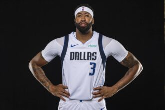 Dallas Mavericks forward Anthony Davis (3) poses for a photo during the Mavericks 2025 media day at the American Airlines Center.
