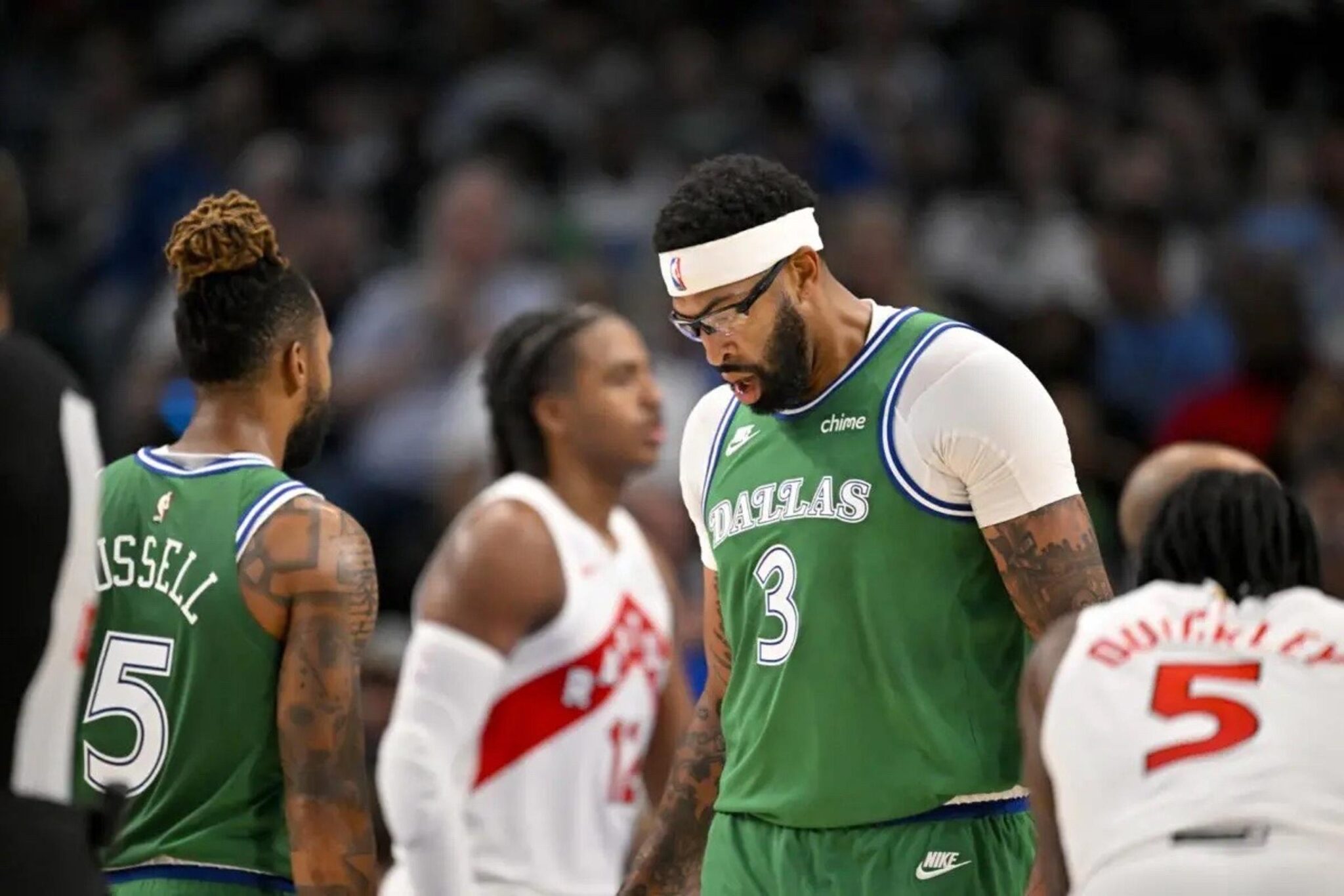 Oct 26, 2025; Dallas, Texas, USA; Dallas Mavericks forward Anthony Davis (3) looks on during the game between the Mavericks and the Raptors at the American Airlines Center. Mandatory Credit: Jerome Miron-Imagn Images