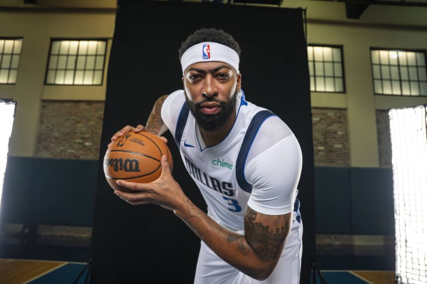 Dallas Mavericks forward Anthony Davis (3) poses for a photo during the Mavericks 2025 media day at the American Airlines Center.