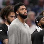 Dallas Mavericks forward Anthony Davis (3) looks on from the bench during the second half against the New York Knicks at the American Airlines Center.