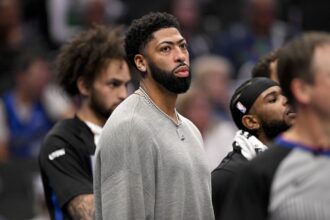 Dallas Mavericks forward Anthony Davis (3) looks on from the bench during the second half against the New York Knicks at the American Airlines Center.