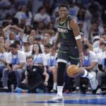 May 20, 2025; Oklahoma City, Oklahoma, USA; Minnesota Timberwolves guard Anthony Edwards (5) dribbles against the Oklahoma City Thunder in the second quarter during game one of the western conference finals for the 2025 NBA Playoffs at Paycom Center. Mandatory Credit: Alonzo Adams-Imagn Images