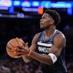 Oct 9, 2025; New York, New York, USA; Minnesota Timberwolves guard Anthony Edwards (5) shoots the ball against the New York Knicks during the first half at Madison Square Garden. Mandatory Credit: John Jones-Imagn Images