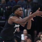 Nov 10, 2025; Salt Lake City, Utah, USA; Minnesota Timberwolves guard Anthony Edwards (5) reacts to a basket against the Utah Jazz during the first quarter at Delta Center. Mandatory Credit: Rob Gray-Imagn Images
