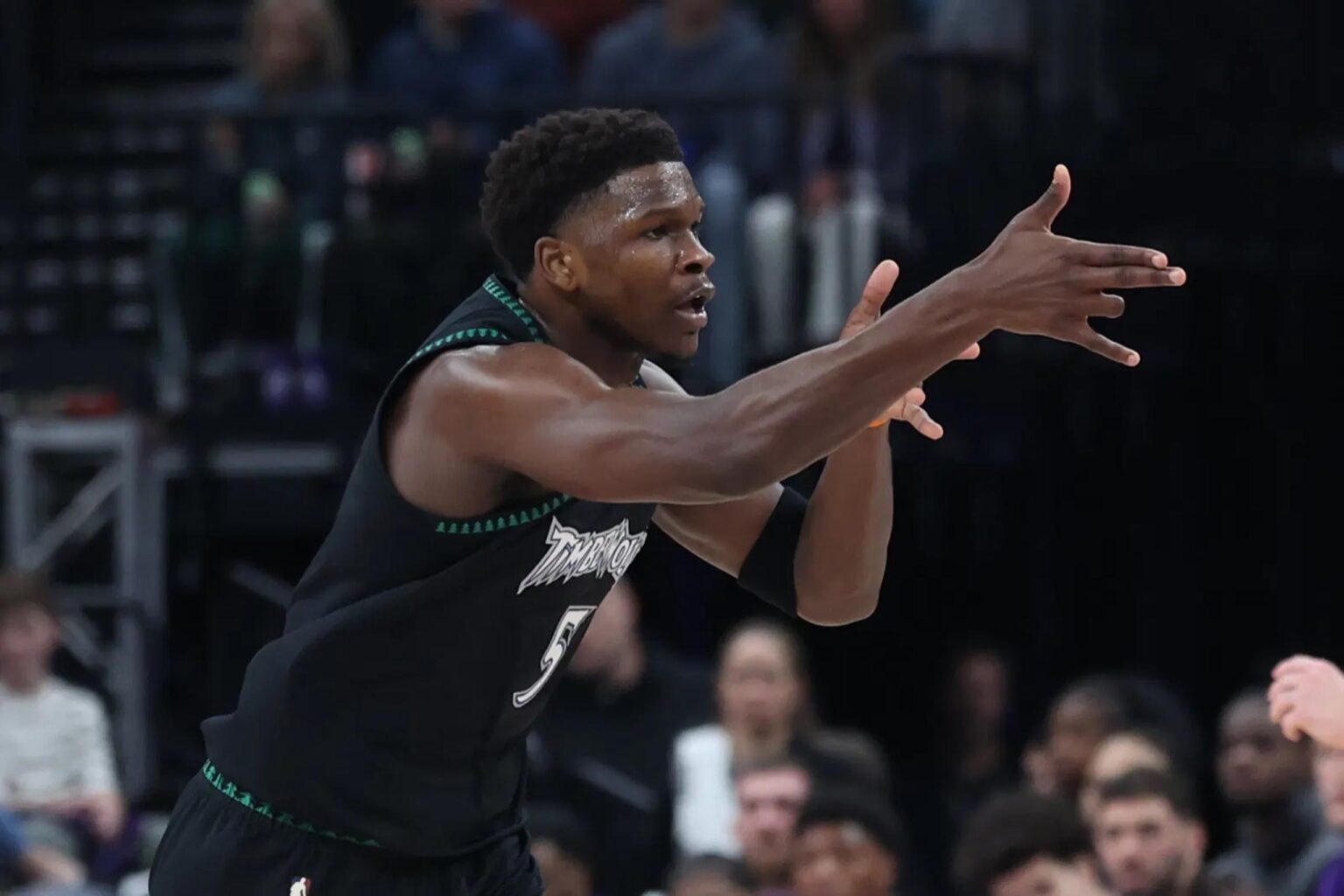 Nov 10, 2025; Salt Lake City, Utah, USA; Minnesota Timberwolves guard Anthony Edwards (5) reacts to a basket against the Utah Jazz during the first quarter at Delta Center. Mandatory Credit: Rob Gray-Imagn Images