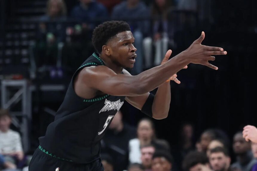 Nov 10, 2025; Salt Lake City, Utah, USA; Minnesota Timberwolves guard Anthony Edwards (5) reacts to a basket against the Utah Jazz during the first quarter at Delta Center. Mandatory Credit: Rob Gray-Imagn Images
