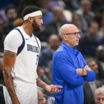Oct 29, 2025; Dallas, Texas, USA; Dallas Mavericks forward Anthony Davis (3) exchanges words with Dallas Mavericks head coach Jason Kidd as Davis walks off the court during the first quarter at the American Airlines Center. Mandatory Credit: Jerome Miron-Imagn Images