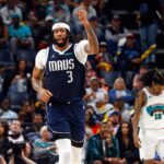 Apr 18, 2025; Memphis, Tennessee, USA; Dallas Mavericks forward Anthony Davis (3) reacts during the third quarter against the Memphis Grizzlies at FedExForum. Mandatory Credit: Petre Thomas-Imagn Images