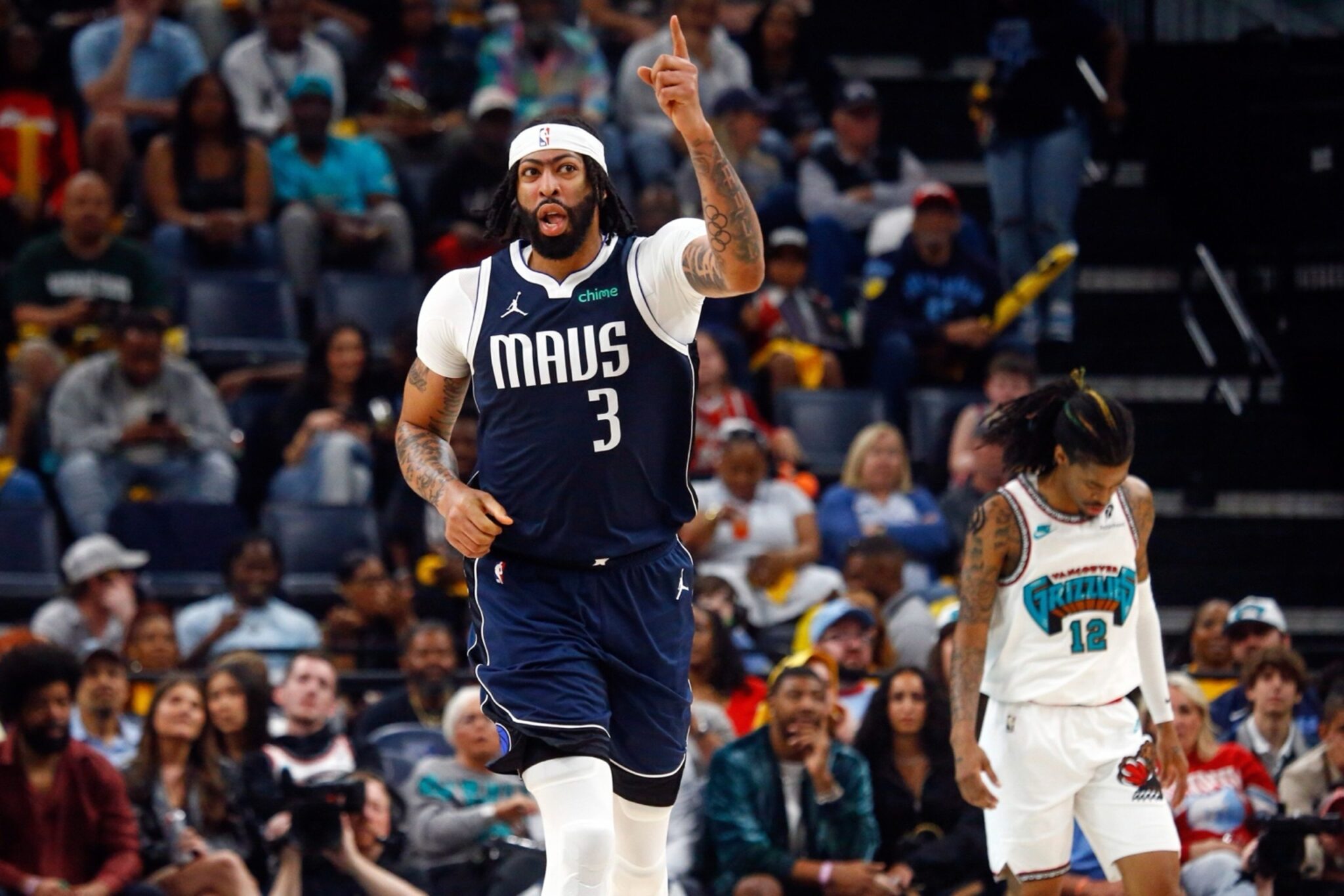 Apr 18, 2025; Memphis, Tennessee, USA; Dallas Mavericks forward Anthony Davis (3) reacts during the third quarter against the Memphis Grizzlies at FedExForum. Mandatory Credit: Petre Thomas-Imagn Images