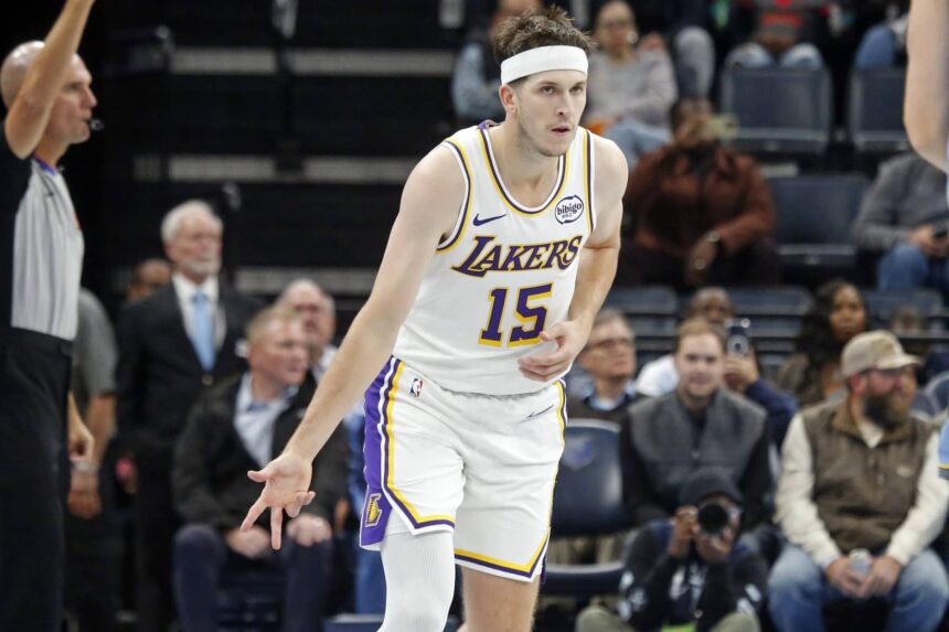 Los Angeles Lakers guard Austin Reaves (15) reacts during the third quarter against the Memphis Grizzlies at FedExForum.