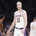 Apr 6, 2025; Oklahoma City, Oklahoma, USA; Los Angeles Lakers guard Austin Reaves (15) looks down court against the Oklahoma City Thunder during the second quarter at Paycom Center. Mandatory Credit: Alonzo Adams-Imagn Images