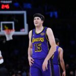 Mar 17, 2025; Los Angeles, California, USA; Los Angeles Lakers guard Austin Reaves (15) reacts in the second half against the San Antonio Spurs at the Crypto.com Arena. Mandatory Credit: Kirby Lee-Imagn Images