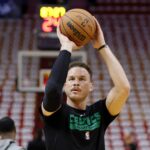 Boston Celtics forward Blake Griffin (91) warms up before game six against the Miami Heat in the Eastern Conference Finals for the 2023 NBA playoffs at Kaseya Center.