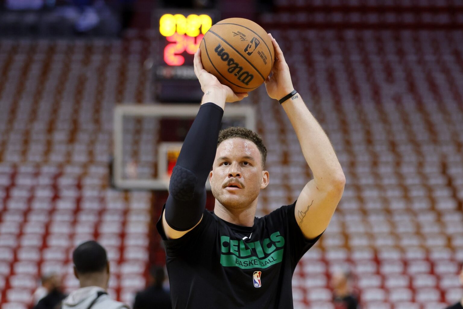 Boston Celtics forward Blake Griffin (91) warms up before game six against the Miami Heat in the Eastern Conference Finals for the 2023 NBA playoffs at Kaseya Center.