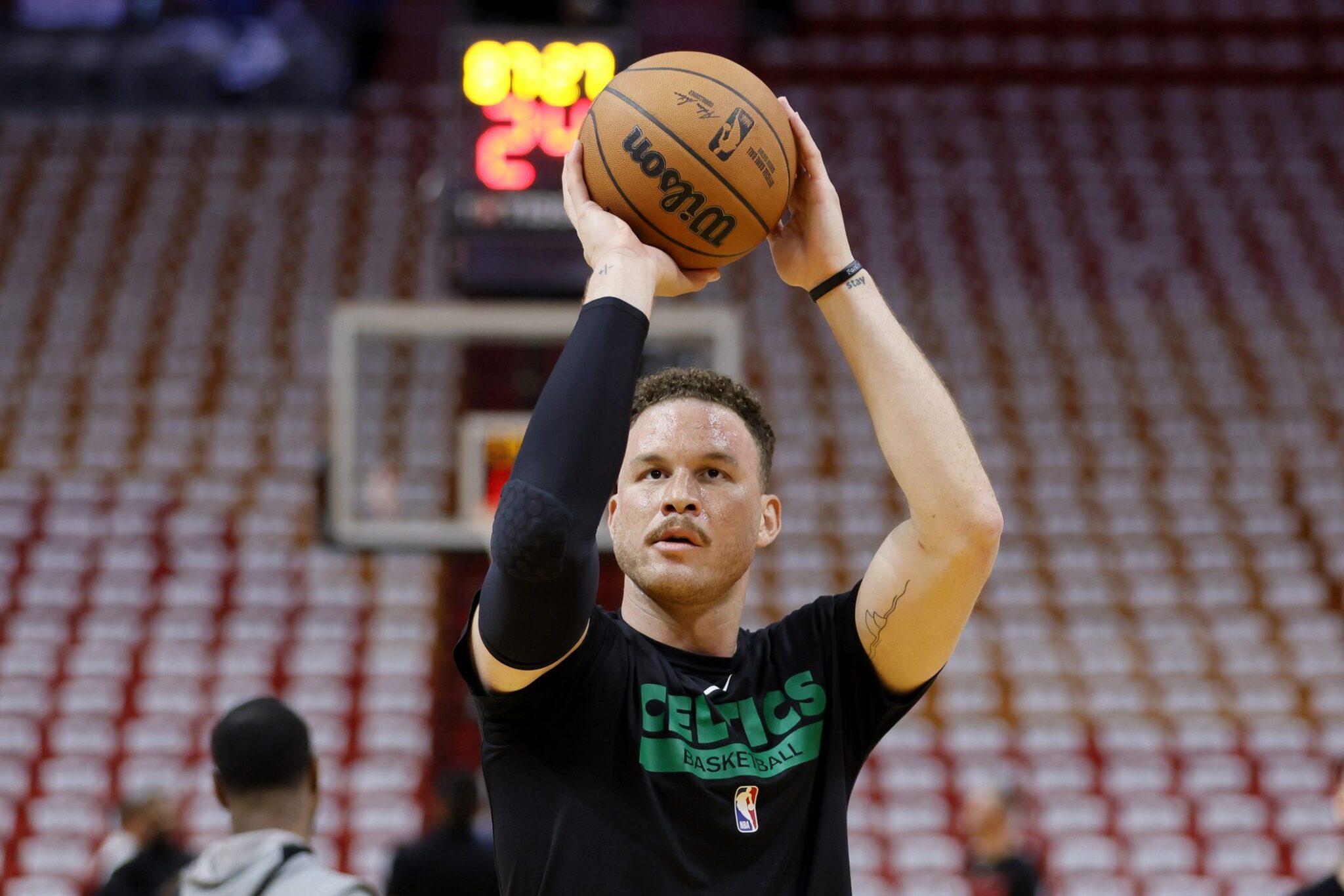 Boston Celtics forward Blake Griffin (91) warms up before game six against the Miami Heat in the Eastern Conference Finals for the 2023 NBA playoffs at Kaseya Center.