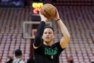 Boston Celtics forward Blake Griffin (91) warms up before game six against the Miami Heat in the Eastern Conference Finals for the 2023 NBA playoffs at Kaseya Center.