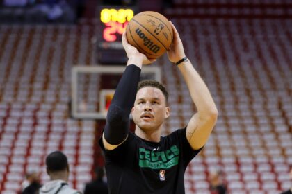 Boston Celtics forward Blake Griffin (91) warms up before game six against the Miami Heat in the Eastern Conference Finals for the 2023 NBA playoffs at Kaseya Center.