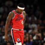 Nov 6, 2025; Phoenix, Arizona, USA; Los Angeles Clippers guard Bradley Beal (0) reacts against the Phoenix Suns in the first half at the Mortgage Matchup Center. Mandatory Credit: Mark J. Rebilas-Imagn Images