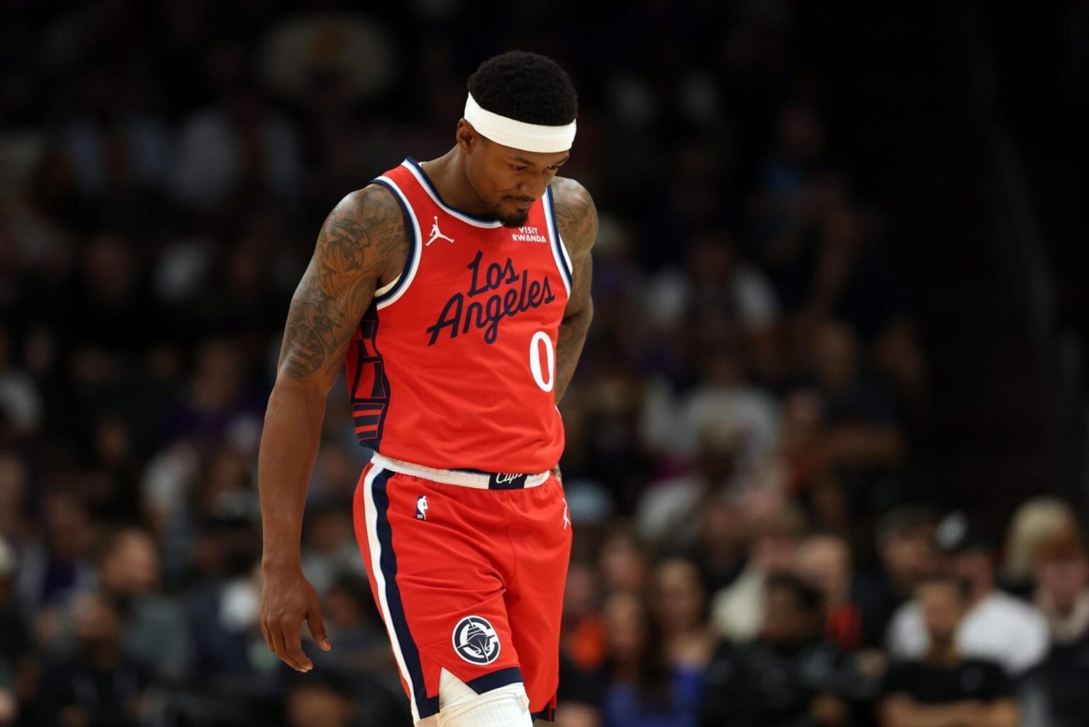 Nov 6, 2025; Phoenix, Arizona, USA; Los Angeles Clippers guard Bradley Beal (0) reacts against the Phoenix Suns in the first half at the Mortgage Matchup Center. Mandatory Credit: Mark J. Rebilas-Imagn Images