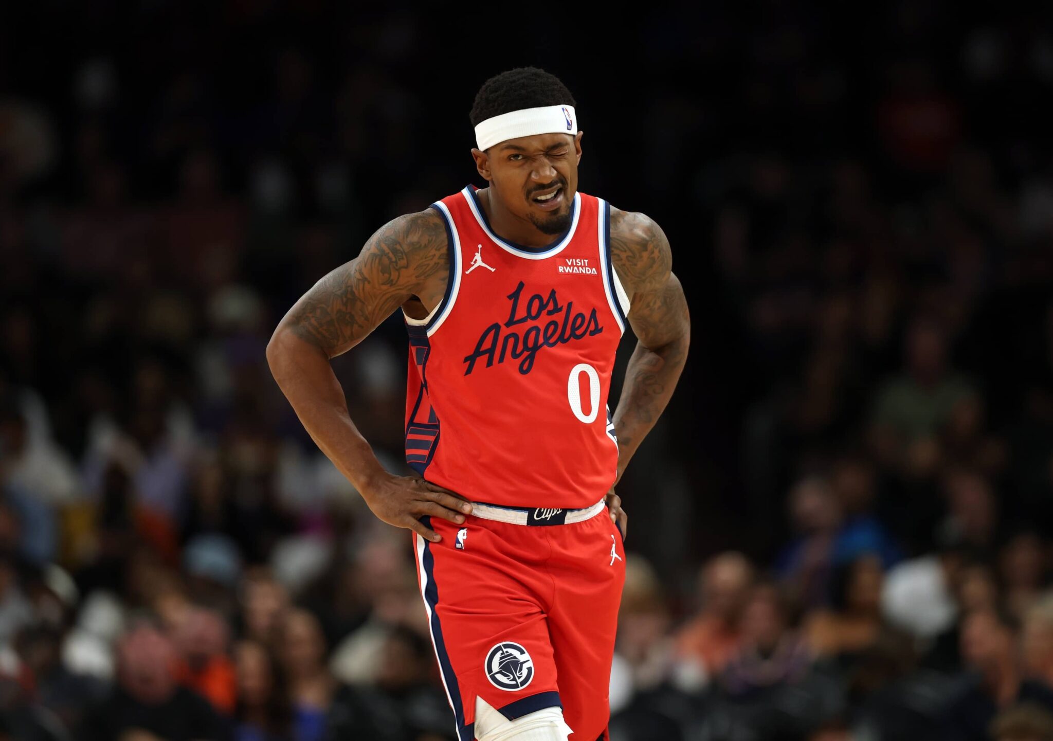 Los Angeles Clippers guard Bradley Beal (0) reacts against the Phoenix Suns in the first half at the Mortgage Matchup Center.
