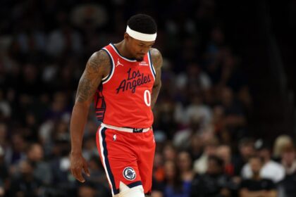 Nov 6, 2025; Phoenix, Arizona, USA; Los Angeles Clippers guard Bradley Beal (0) reacts against the Phoenix Suns in the first half at the Mortgage Matchup Center. Mandatory Credit: Mark J. Rebilas-Imagn Images