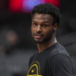 Los Angeles Lakers guard Bronny James (9) on the court prior to the game against the Atlanta Hawks at State Farm Arena.