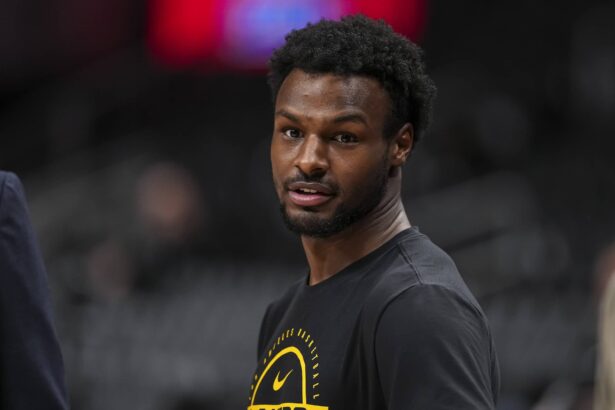 Los Angeles Lakers guard Bronny James (9) on the court prior to the game against the Atlanta Hawks at State Farm Arena.