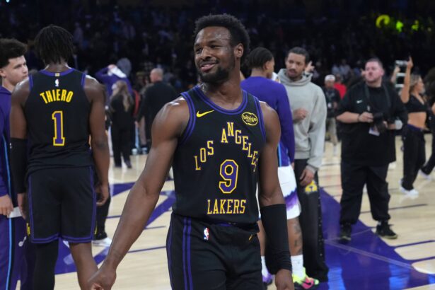 Los Angeles Lakers guard Bronny James (9) reacts after the game against the Utah Jazz at Crypto.com Arena.